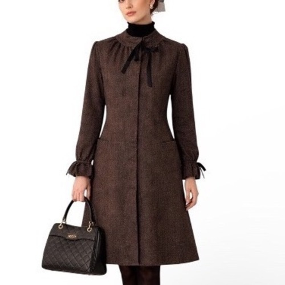 TOCCA Brown Herringbone A-Line Coat with Bow Detail‎ and Ruffle Cuffs Size 6